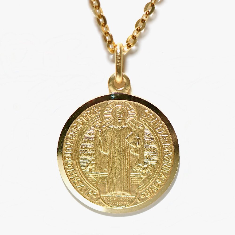 SOLID 14K YELLOW GOLD ST SAINT BENEDICT 17 MM MEDAL WITH CROSS, MADE IN ITALY - Picture 6 of 7